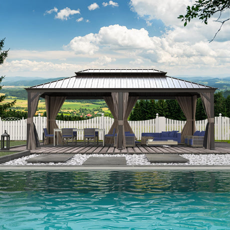 Domi 14'x22' Hardtop Gazebo Canopy,Outdoor Aluminum Gazebo with Galvanized Steel Double Roof,Large Permanent Gazebo Pavilion for Patio Deck Backyard,Curtain and Netting, Dark Brown domi outdoor living