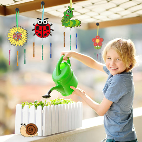 12 Pack Wind Chime Kit for Kids Make Your Own Wind Chime DIY Wood Arts and Crafts Decorative Coloring Wooden Hanging Ornaments for Girls Boys Home School Activity Party Supplies(Spring Flower Animal) TREACLUB