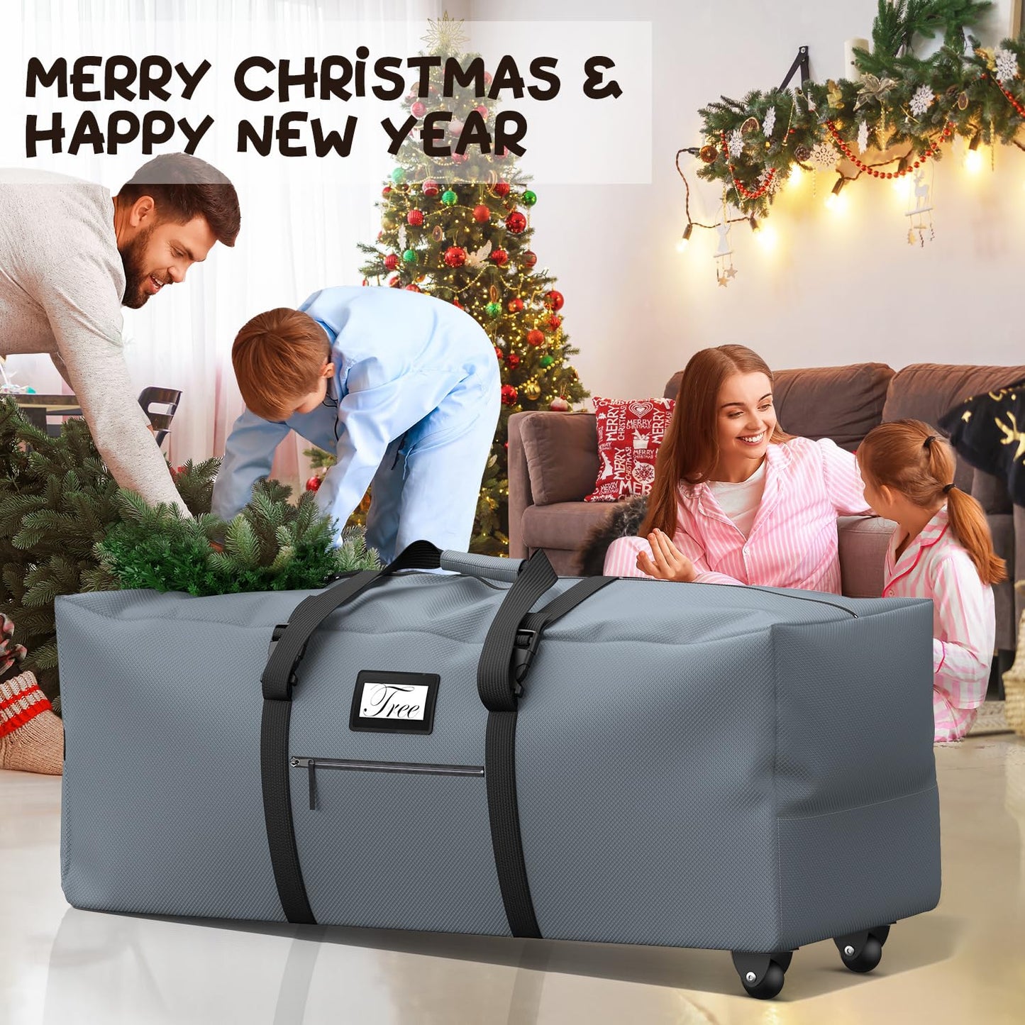 Mrrihand Christmas Tree Storage Bag 9Ft, Large Artificial Anti-Tear Heavy-Duty 600D Oxford Cloth Xmax Christmas Tree Storage Box 9FT with Rolling Wheels, Christmas Tree Storage Container(Grey)