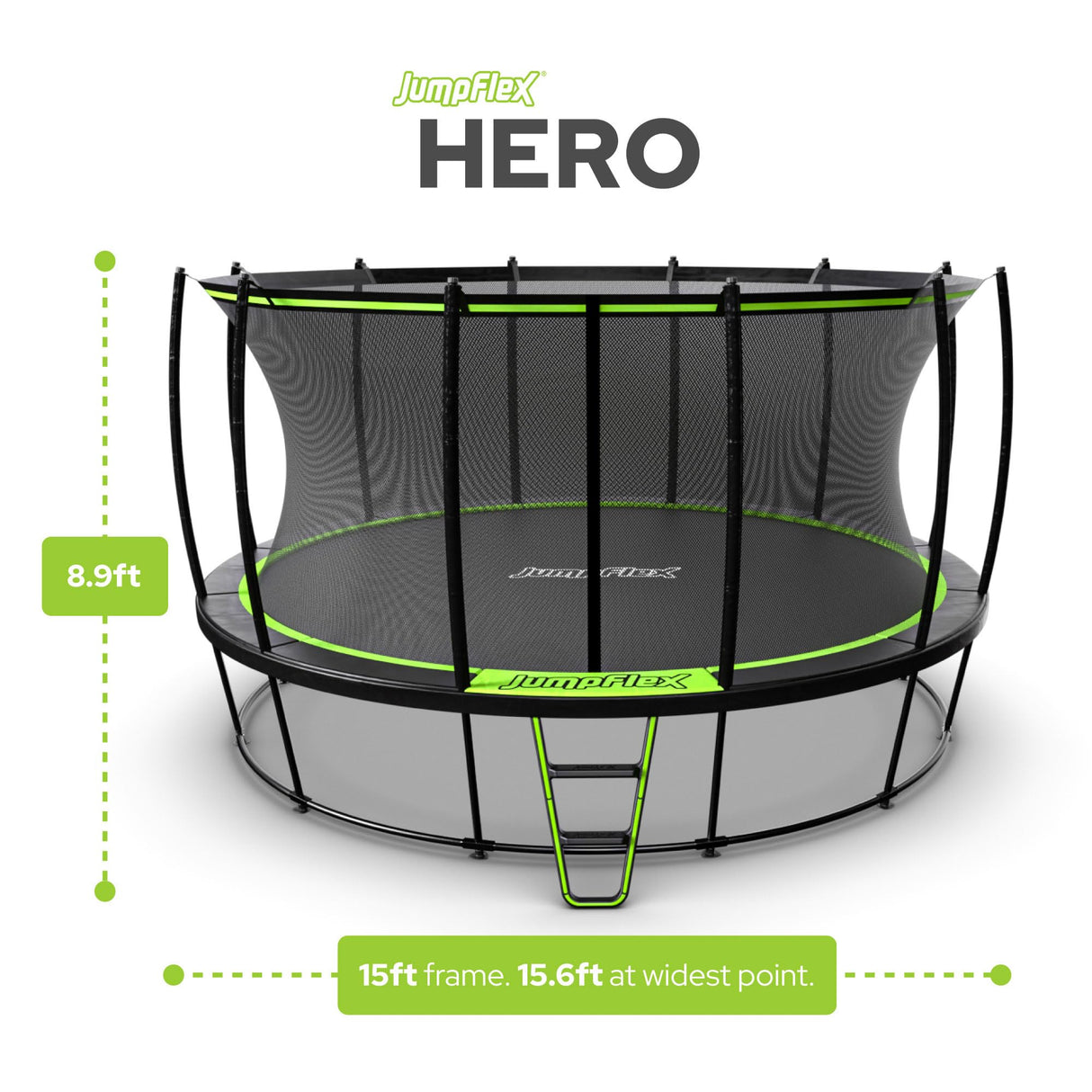 JumpFlex Hero Round Outdoor Backyard Trampoline with Net Safety Enclosure and Ladder, 15ft Jumpflex