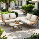 ONBRILL 4-Piece Outdoor Sectional Set, 4-Seats Wicker Patio Couch Sets with Cushion and Tempered Glass Coffee Table, L-Shaped, Olefin Fabric, Waterproof & UV Resistant, Beige ONBRILL