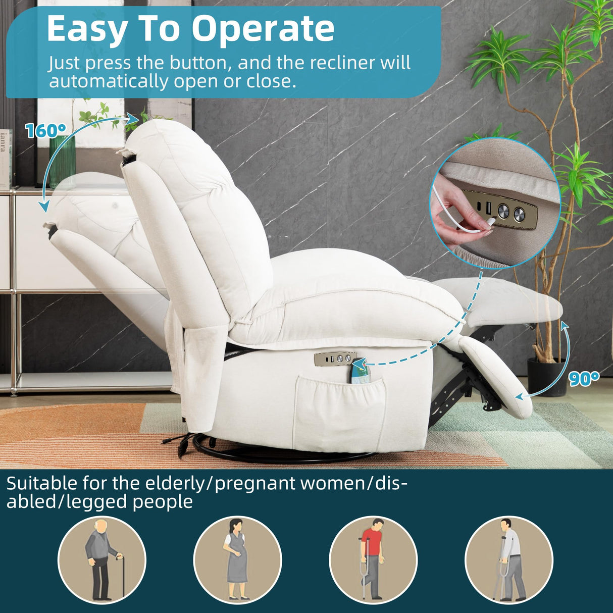 DYHOME Rocking Recliner Chair, Massage Rocker Recliner Chair with Vibration Massage and Heat, White Swivel Chairs, Soft Fabric Single Reclining Sofa for Living Room Bedroom, with USB Port DYHOME