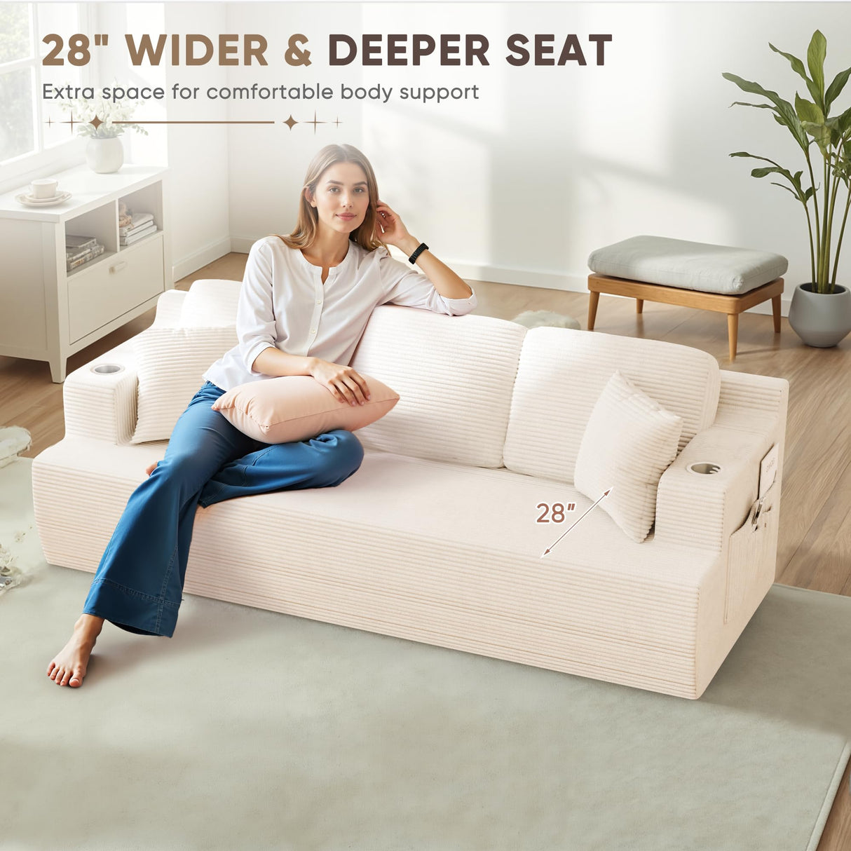 Homall 87” Boneless Sofa Couch with 2 Pillows Extra Deep Seats, Corduroy Fabric 3 Seater with Cup Holder & Storage Pocket Upholstered Floor Easy Installation (White, 3 Seater) Homall