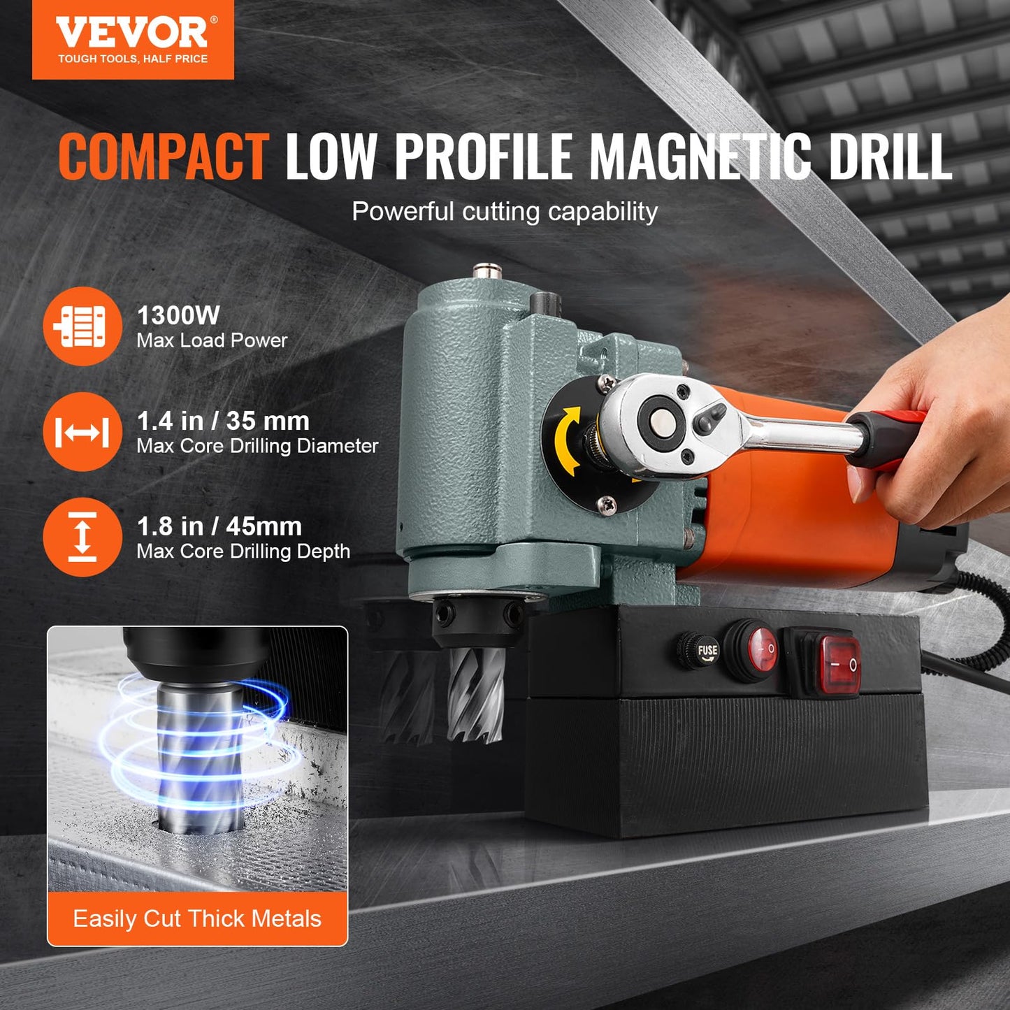 VEVOR Low Profile Magnetic Drill Press, 1300W Mag Drill, Light Weight Portable Mag Drilling Machine with Cooling Device and Overload Protection, Mag Press for Equipment Installation, Industri - WoodArtSupply