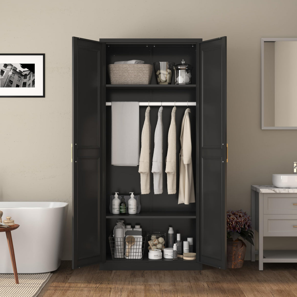 TIMELESS PIECES Metal Wardrobe Cabinets,Black Armoire Wardrobe Closet with Hanging Rod,Clothes Storage Cabinet with Adjustable Shelves and Doors,Clothing Cabinet for Bedroom, Office, Laundry Room TIMELESS PIECES