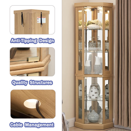lunhung 69" H Lighted Corner Curio Cabinet, Corner Glass Display Case with Adjustable Shelves & Glass Doors, Wooden Curved Corner Accent Storage Curio Storage Rack for Living Room (Light Oak) lunhung