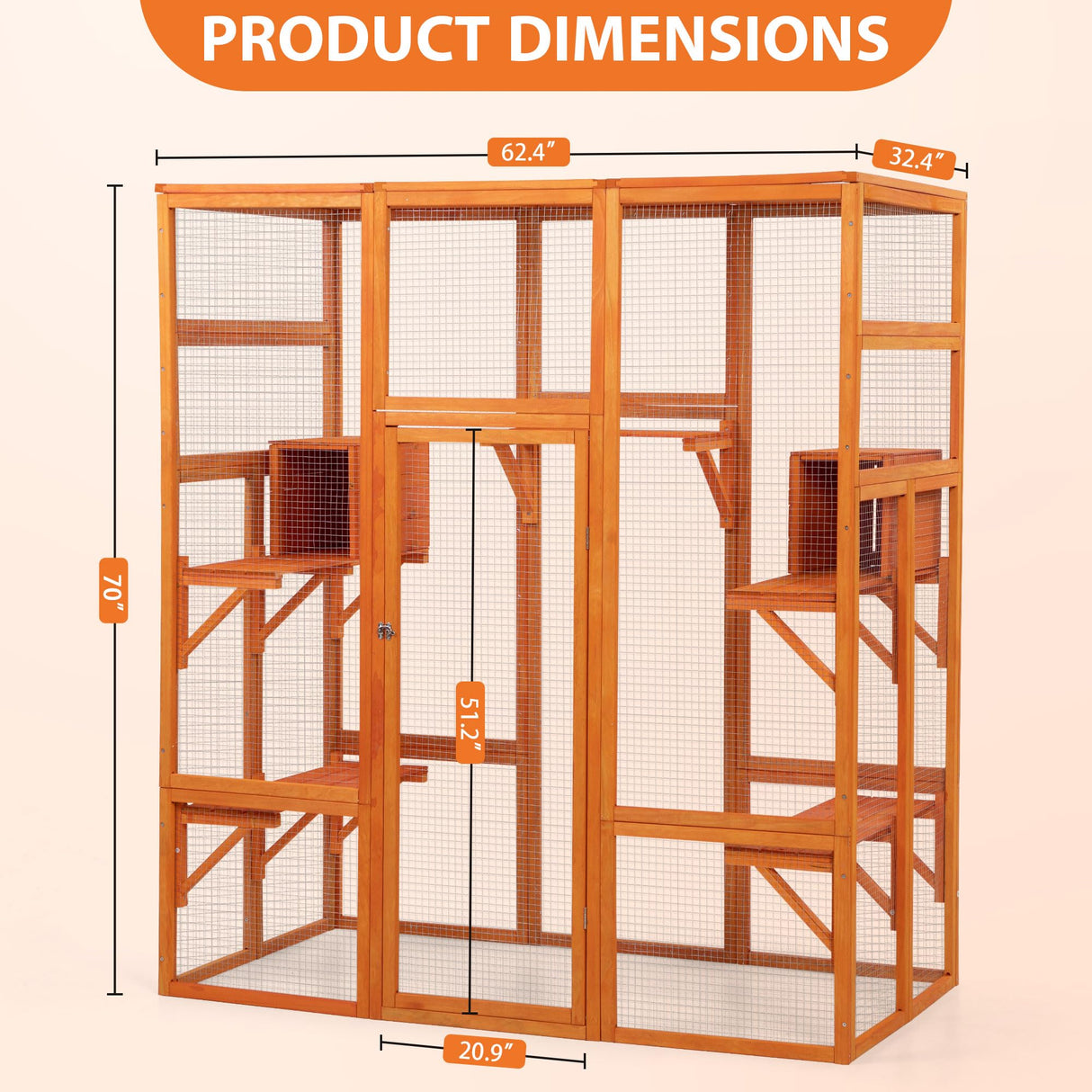 Catio Outdoor Cat Enclosure, Large Wood Cat Cage with Sunlight Top Panel, Perches, Sleeping Boxes, Wooden Cat Cage Condo Indoor Playpen, 62.6" L x 32.2" W x 70" H (Orange, Extra Large) GIYZOKNI