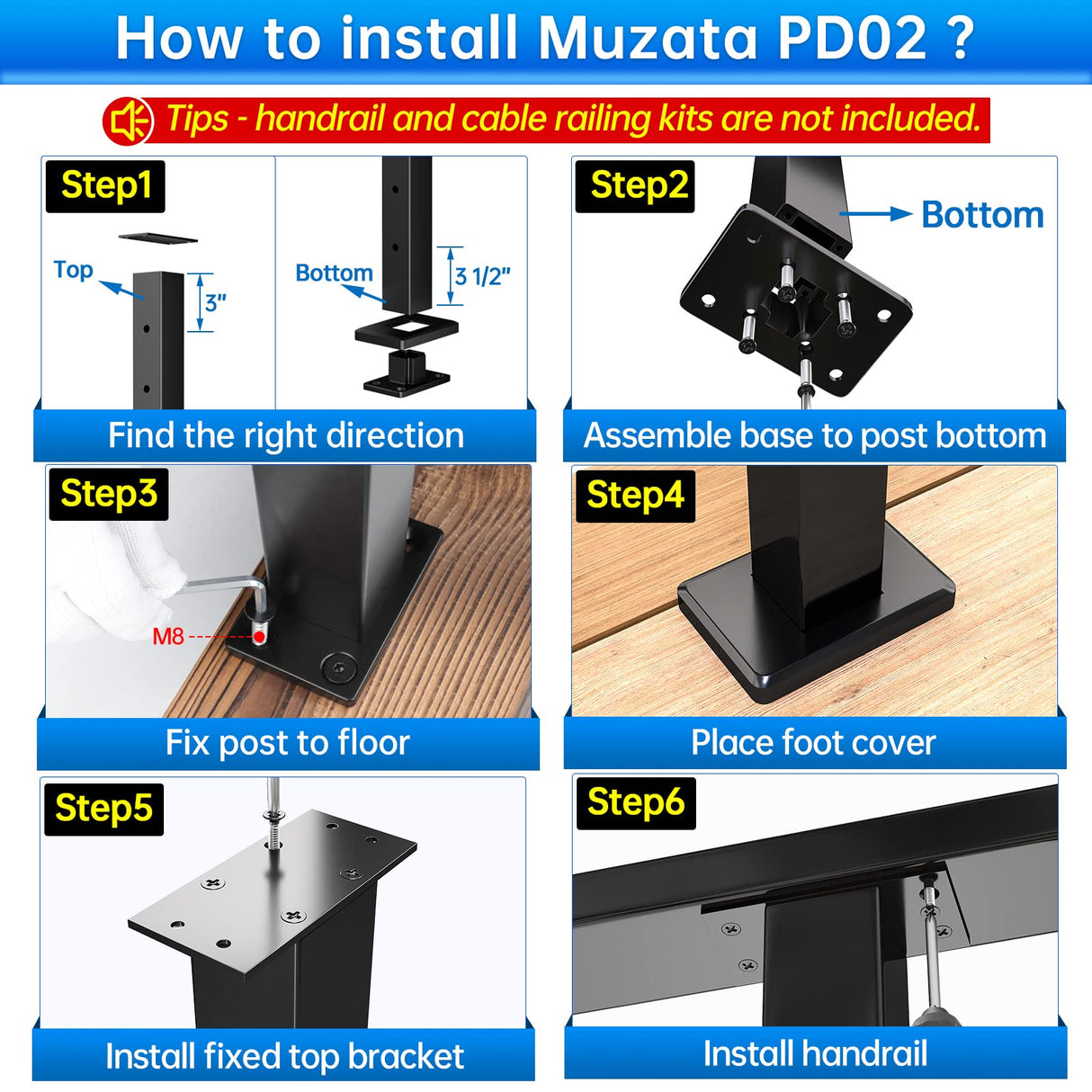 Muzata Aluminum Black Cable Railing Post 36 Inch 36"X2"x2" Level Drilled Surface Mount Cable Railing System Kit Indoor Outdoor Seaside with Paper User Guide PD02 BHAS Muzata
