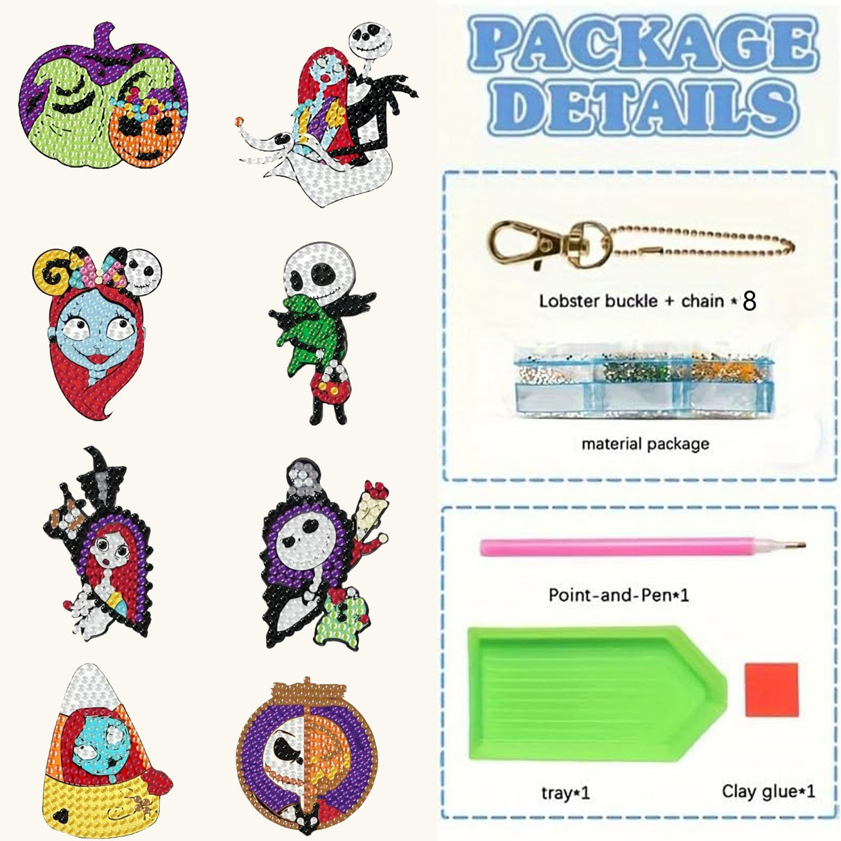 8Pcs Halloween Diamond Art Kits Keychains, DIY 5D Full Drill Special Shape Rhinestone Painting Kit for Beginners Adults, Horror Diamond Dots Art Key Chain Gems Art Craft Amshem