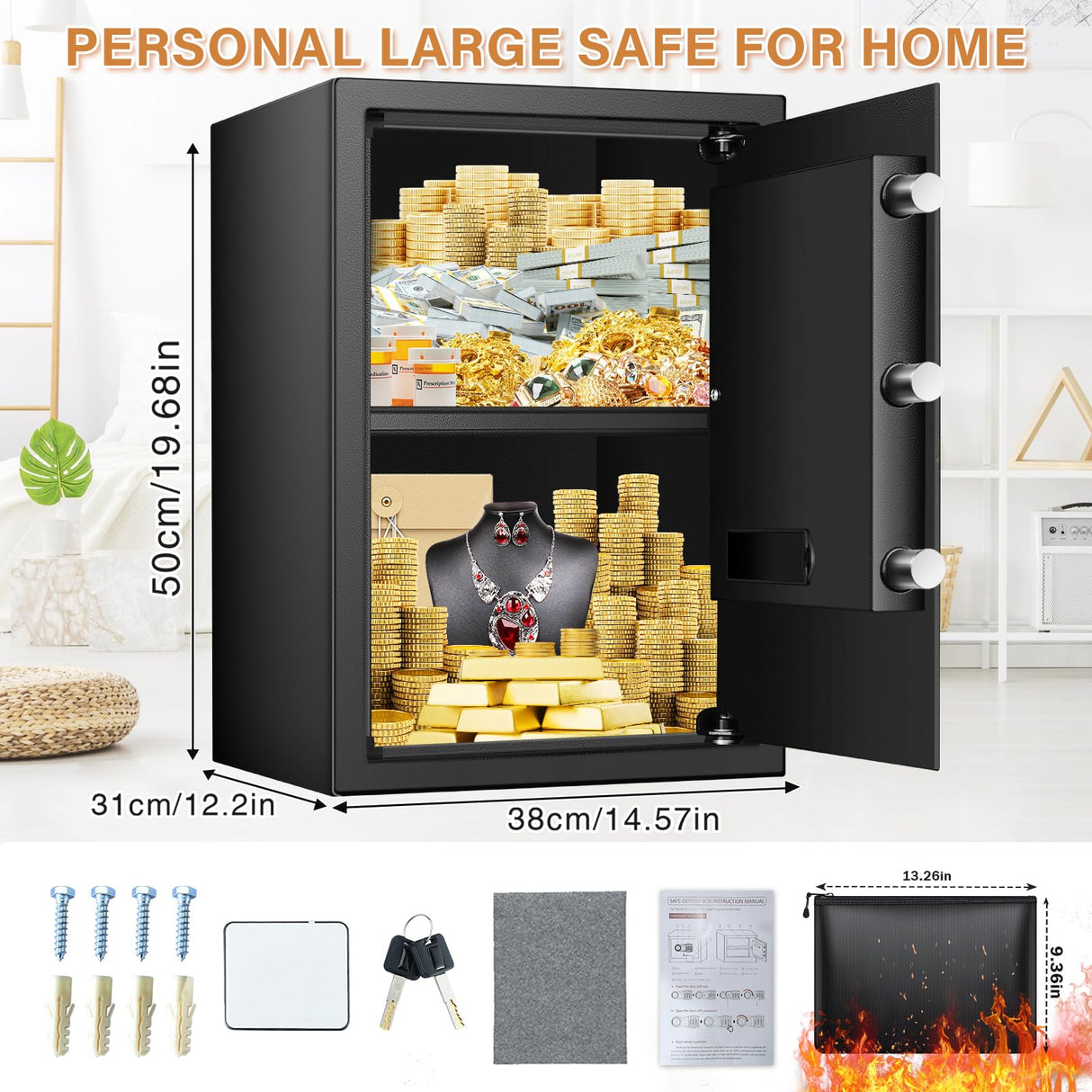 3.3 Cub Home Safe Fireproof Waterproof, Large Fire proof Safe Box with Fireproof Bag, Digital Keypad Key and Removable Shelf, Personal Security Safes for Home Money Jewellery Documents Valuables Pockrif