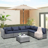 Valita 7 Piece Outdoor PE Wicker Furniture Set, Patio Gray Rattan Sectional Sofa Couch with Washable Dark Blue Cushions Valita