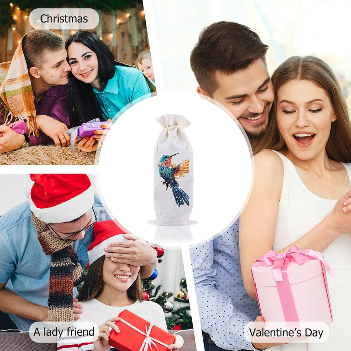 ARTopet DIY Diamond Christmas Wine Bottle Bags with Drawstring Diamond Art Painting Burlap Wine Gift Bags for Xmas Festive Holiday Party Wedding, Travel, Birthday-Hummingbird ARTopet