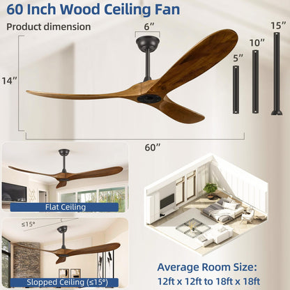 60" Ceiling Fans Without Lights, 60 Inch Indoor/Outdoor Ceiling Fans no Light, 3 Blade Solid Wood Ceiling Fan with Remote Control for Farmhouse Patios Living Room Bedroom, Quiet DC Motor, Dark Walnut