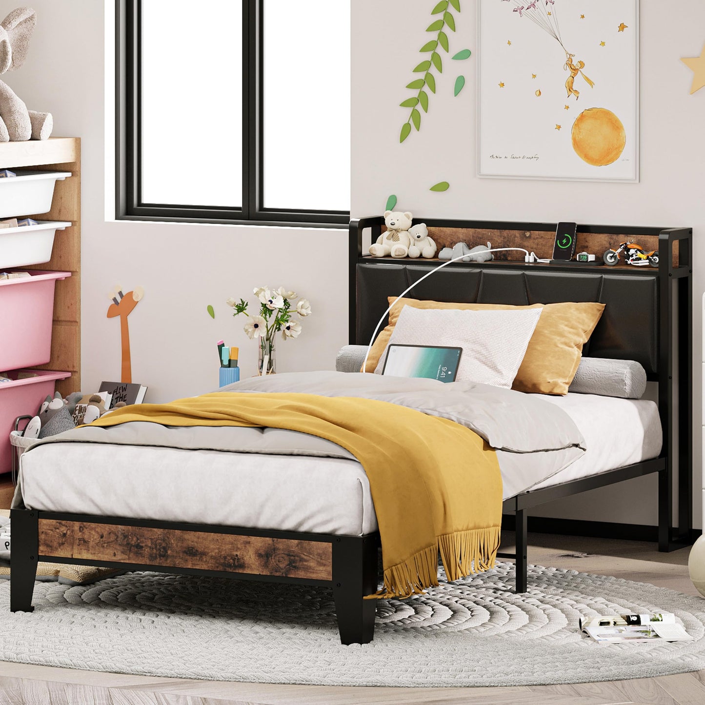 LIKIMIO Vintage Brown and Black Twin Bed Frame with Storage Headboard and Charging Station - WoodArtSupply