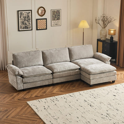 VINGLI 122" Cloud Double-Layer Deep Convertible Sectional Sofa, Comfy L-Shape 3-Seat Couches for Living Room, Modern Couch with Movable Ottoman for Small Space, Light Grey, Chenille