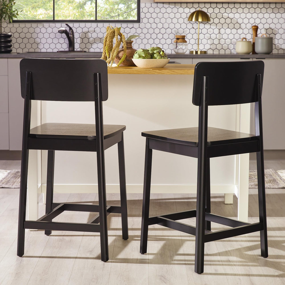 Walker Edison 2-Piece Minimalist Solid Wood Counter Stool, Set of 2, Black Walker Edison