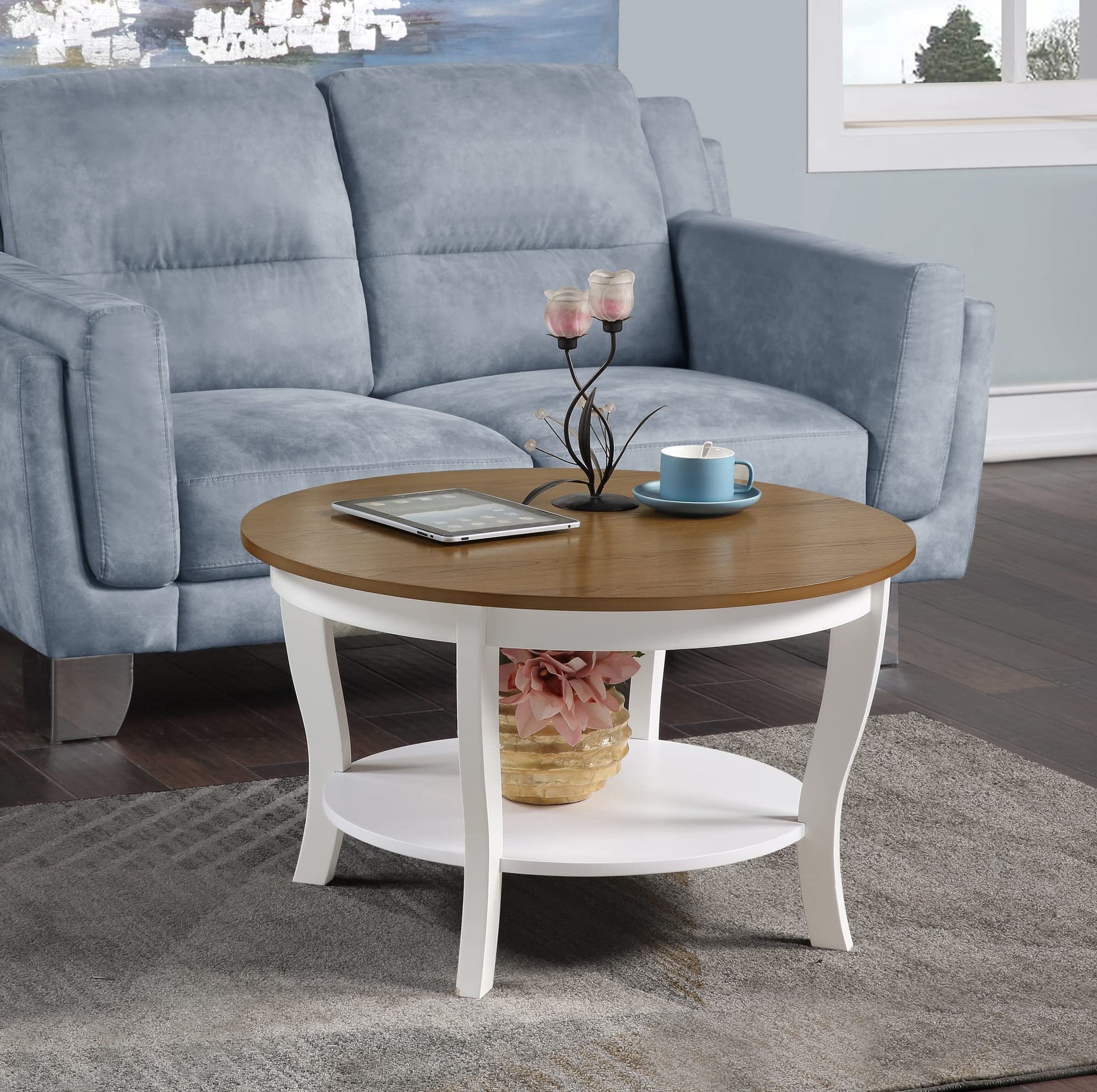 Convenience Concepts American Heritage Round Coffee Table with Shelf, Driftwood/White - WoodArtSupply