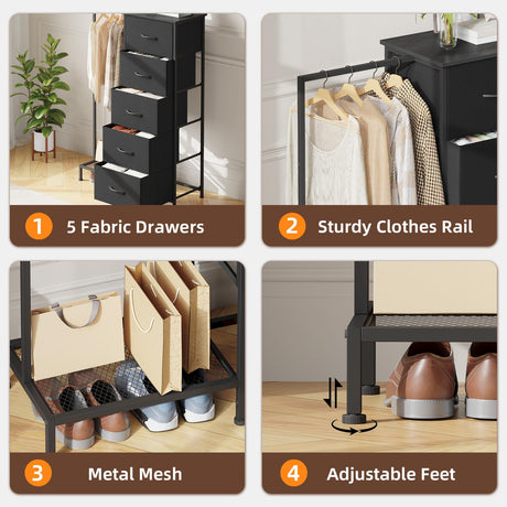Somdot Dresser with Hanging Rack,5 Drawers Small Closet for Bedroom,Reversible Dresser with Clothes Rack,Kids Dressers for Bedroom Chest of Drawers,Tall Storage Tower,Black Somdot