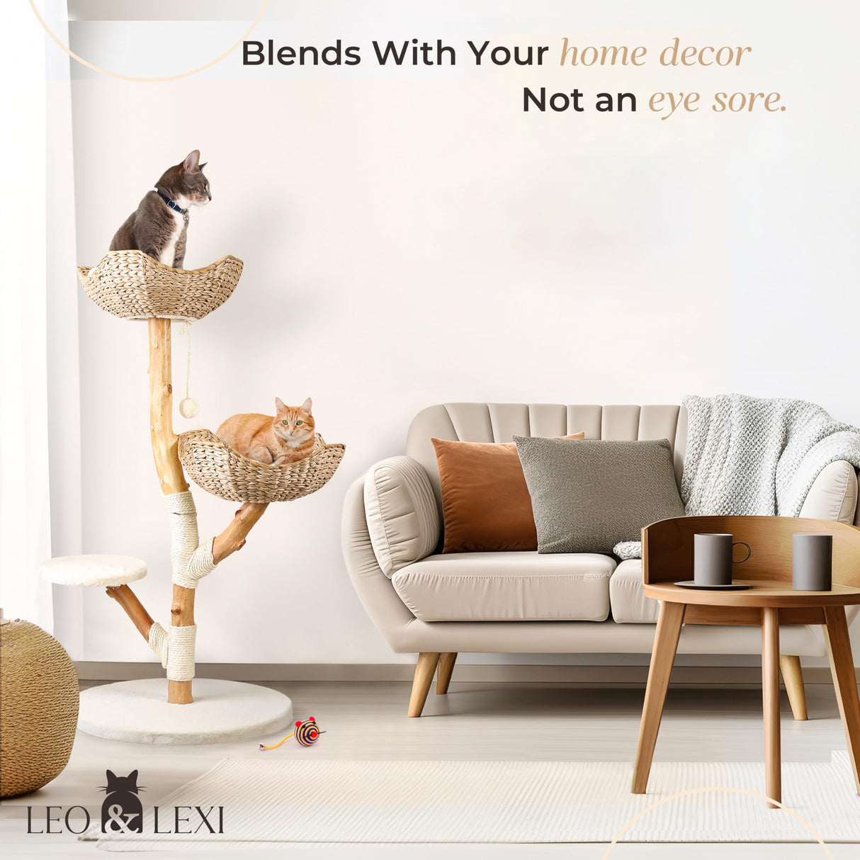 Real Wood Modern Cat Tree Tower, Cat Scratching Post with Bed for Indoor Cats Large Adult, Solid Wooden Climbing Tower, Cute Wicker Condo, Aesthetic Stand, Boho Luxury Pet Furniture LEO & LEXI