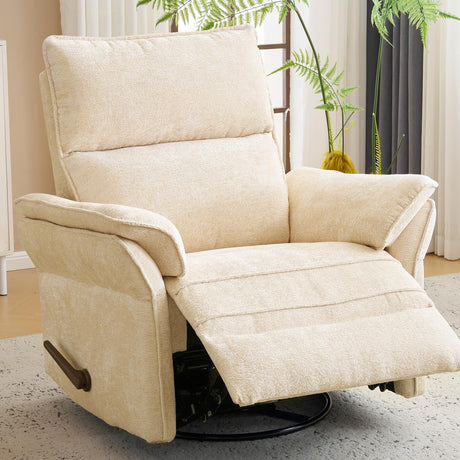 Oversized Glider Recliner Nursery Chair for Nursery with Adjustable Headrest, 360° Swivel Rocker Recliner with Overstuffed Armrest, 26" Extra Wide Rocking Chair with Lumbar Support, Beige RUTOX