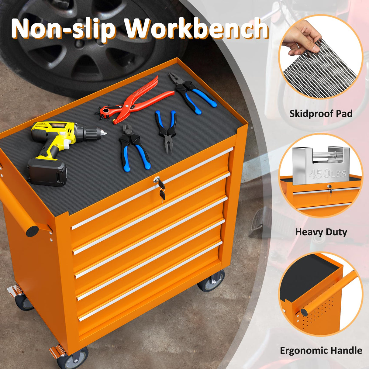 Granper 5-Drawer Tool Chest Tool Box with Wheels Movable Rolling Tool Chest High Capacity Tool Chest with Wheels Heavy Duty Tool Cabinet for Workshop, Garage, Mechanics and Repair Room(Orange) Granper