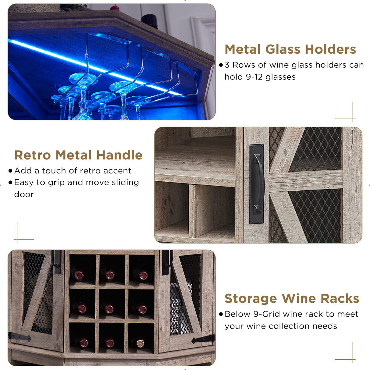 OKD Corner Bar Storage Cabinet, 72" Tall Farmhouse Wine Bar Cabinet w/Barn Door & Adjustable Shelf, Home Bar Cabinet w/LED Light & Glass Rack for Dining Room, Living Room, Kitchen, Light Rustic Oak OKD