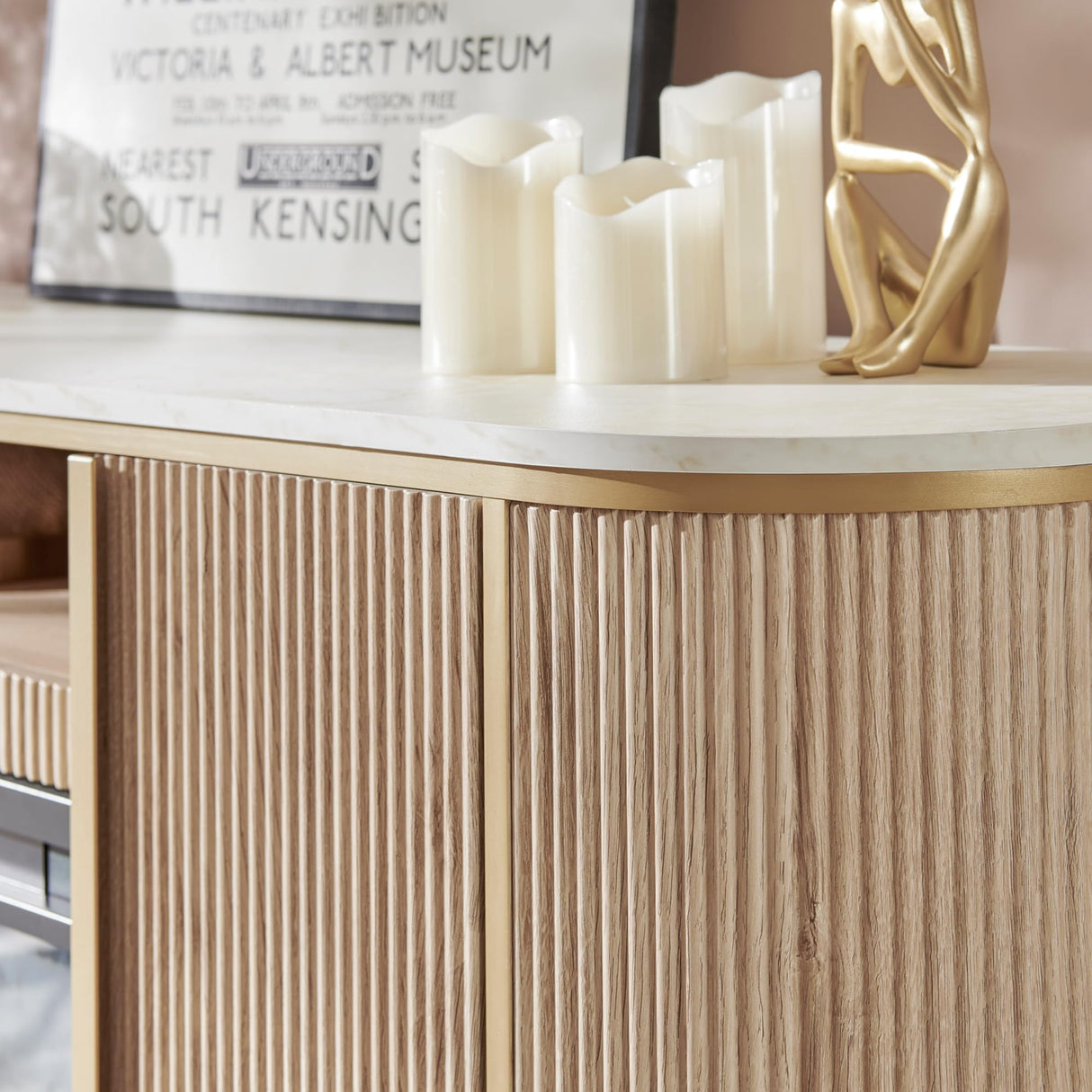 OKD Luxury 70" Fluted Fireplace TV Stand, Modern Chic Entertainment Center for TVs Up to 80 inches, TV Console with Faux Marble Top, Curved Profile Design, Media Console for Living Room, Natural Oak OKD