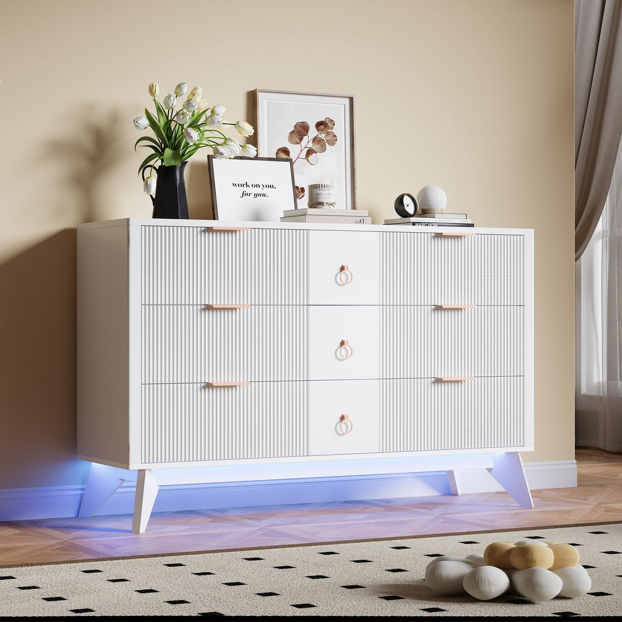 LIKIMIO Dresser for Bedroom 9 Drawers with LED Light, 55" Wide Fluted Chest of Drawers, Wood Closet Organizer, TV Stand for Living Room, White LIKIMIO