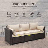 WAROOM Patio Couch PE Wicker 3-Seat Outdoor Brown Rattan Sofa Deep Seating Furniture with Non-Slip Beige Cushion WAROOM