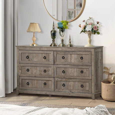 Joaxswe Farmhouse 6 Drawers Dresser for Bedroom, 54 Inch Wide Wood Dresser Chest of Drawers, Vintage Design TV Stand, Rustic Storage Dressers Organizer for Bedroom, Living Room, Hallway-Oak Joaxswe