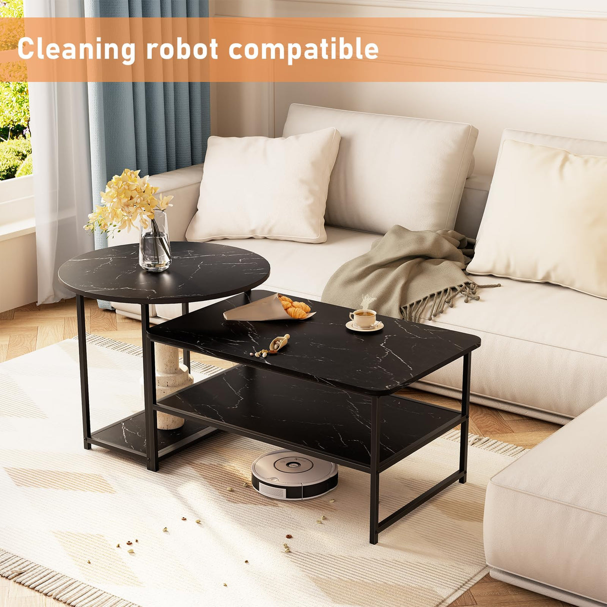 WOHOMO Coffee Table, Black Modern Coffee Tables for Living Room 2 in 1Detachable Small Center Table Set with Storage, Black Marble WOHOMO