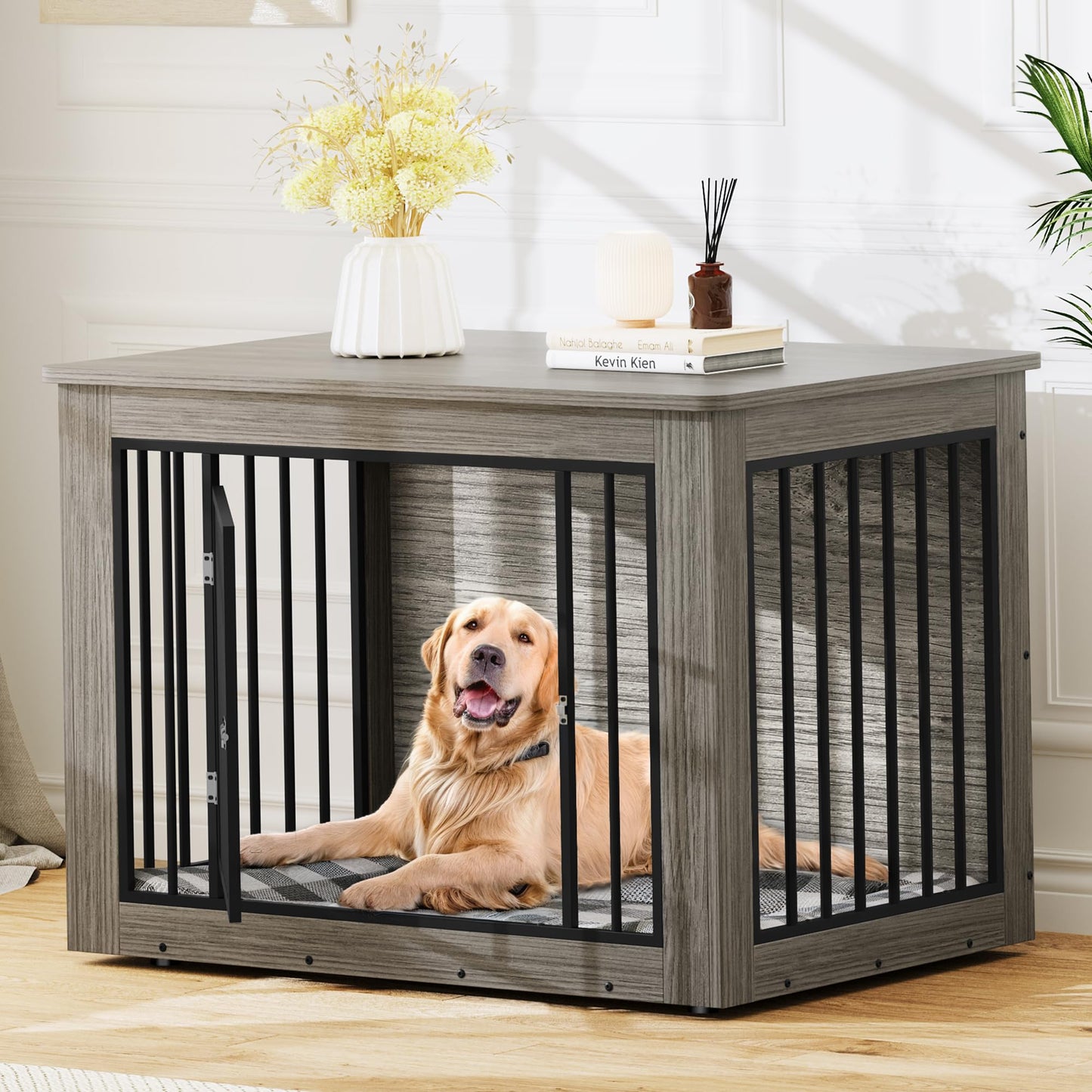 YITAHOME Dog Crate Furniture for Large Dogs, Side End Table, Modern Dogs Kennel Indoor up to 80 lb, 2-in-1 Iron-Wood Fusion Dog Cage with Waterproof Top, Safety Corners, Steel Lock,43" L,Greige