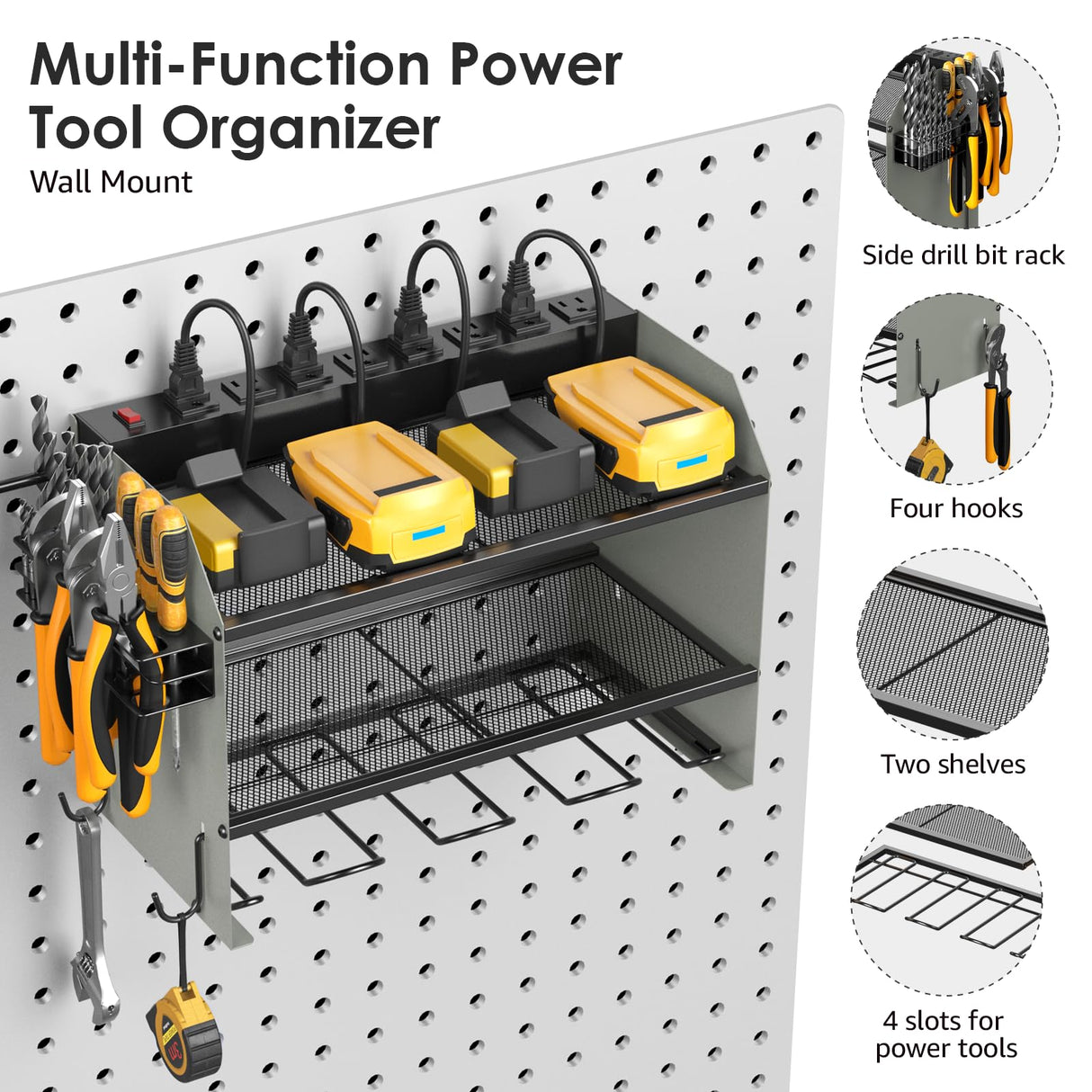 CCCEI Modular Power Tool Organizer Wall Mount with Charging Station. Garage Drill Storage Shelf with Hooks, Heavy Duty Rack, Tool Battery Holder Built in 8 Outlet. Gift for Men. Grey, 2 Pack. CCCEI