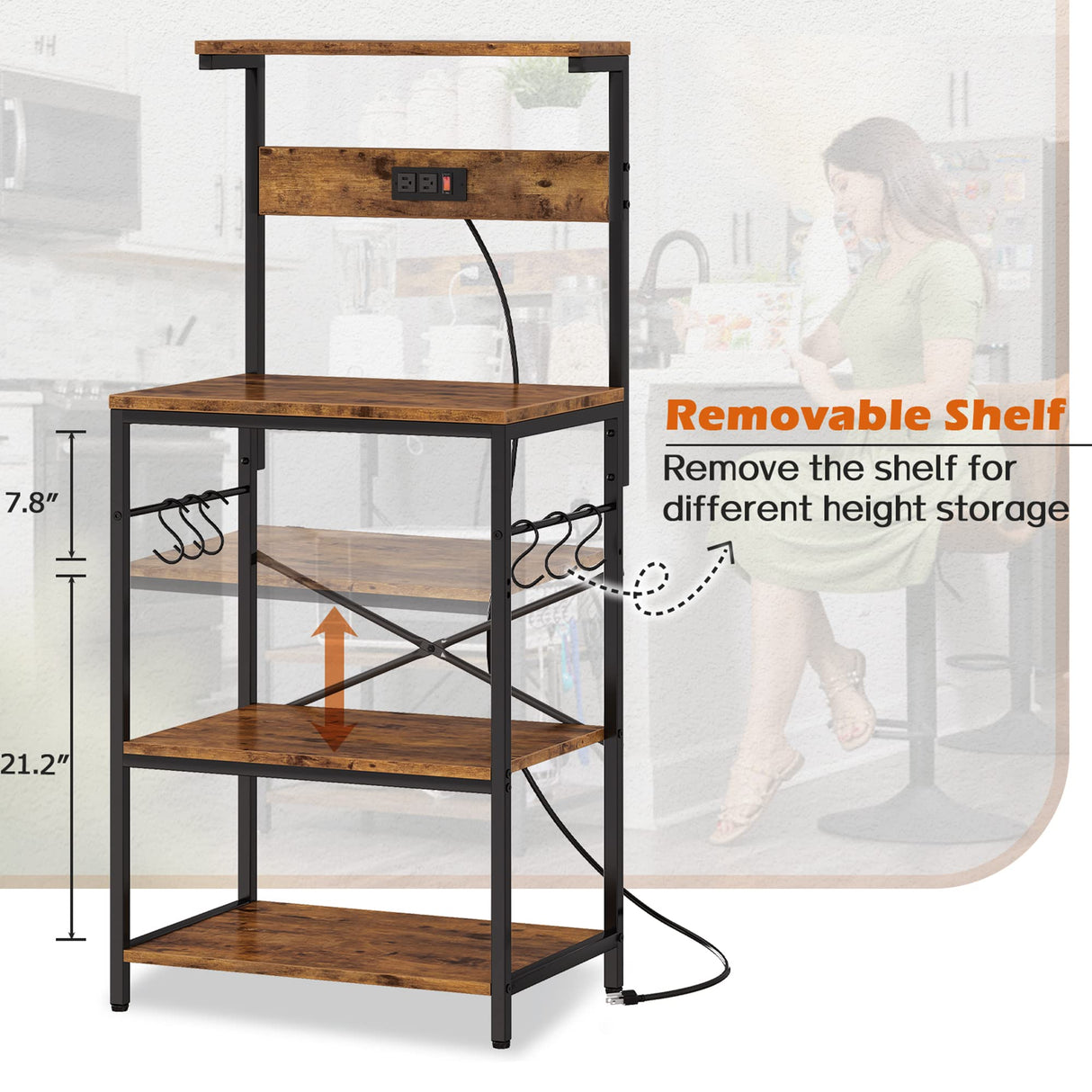 Rustic Brown SUPERJARE Kitchen Bakers Rack with Power Outlets and Hooks - 4-Tier Storage Shelf for Microwave, Coffee Bar, and More SUPERJARE