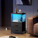 WLIVE Night Stand with Charger Station, Black Nightstand with 2 Fabric Drawers and Storage Shelf, LED Bedside Table, Bedroom Small End Tables with 3 USB Ports and 2 AC Outlets WLIVE