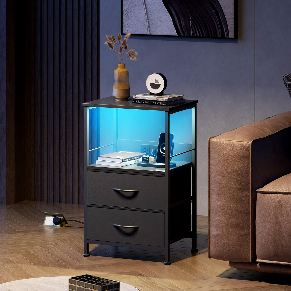 WLIVE Night Stand Set of 2 with Charger Station, Black Nightstand Sets with 2 Fabric Drawers and Storage Shelf, LED Bedside Table, Bedroom Small End Tables with 3 USB Ports and 2 AC Outlets WLIVE