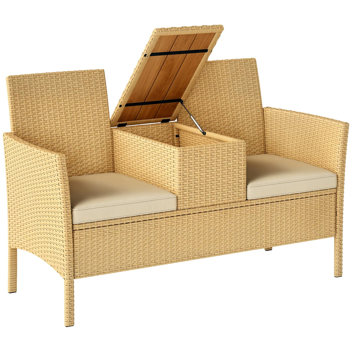 Outsunny Rattan Patio Loveseat with Built-in Flip-Top Coffee Table, Outdoor Wicker Sofa with Hidden Storage and Cushions for Balcony, Garden, Lawn, Backyard, Khaki Outsunny