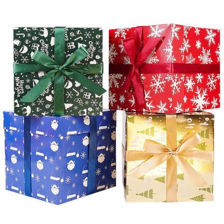 JWSCYSY Assorted Designs Christmas Gift Boxes with Lids, Tissue Papers and Ribbons, Medium Square Gift Boxes - 4 Pcs (8.7 Inch), Gift Wrapping Christmas Holiday New Year Presents Party Favor Boxes. JWSCYSY