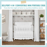 Dream On Me Bellport 4 in 1 Convertible Mini/Portable Crib In White, Non-Toxic Finish, Made of Sustainable New Zealand Pinewood, With 3 Mattress Height Settings Dream On Me