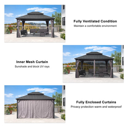 PURPLE LEAF 12' X 14' Hardtop Gazebo Patio Hardtop Gazebo with Heavy Duty Galvanized Steel Double Roof for Patio Lawn Garden, Netting and Curtains Included, Grey - WoodArtSupply