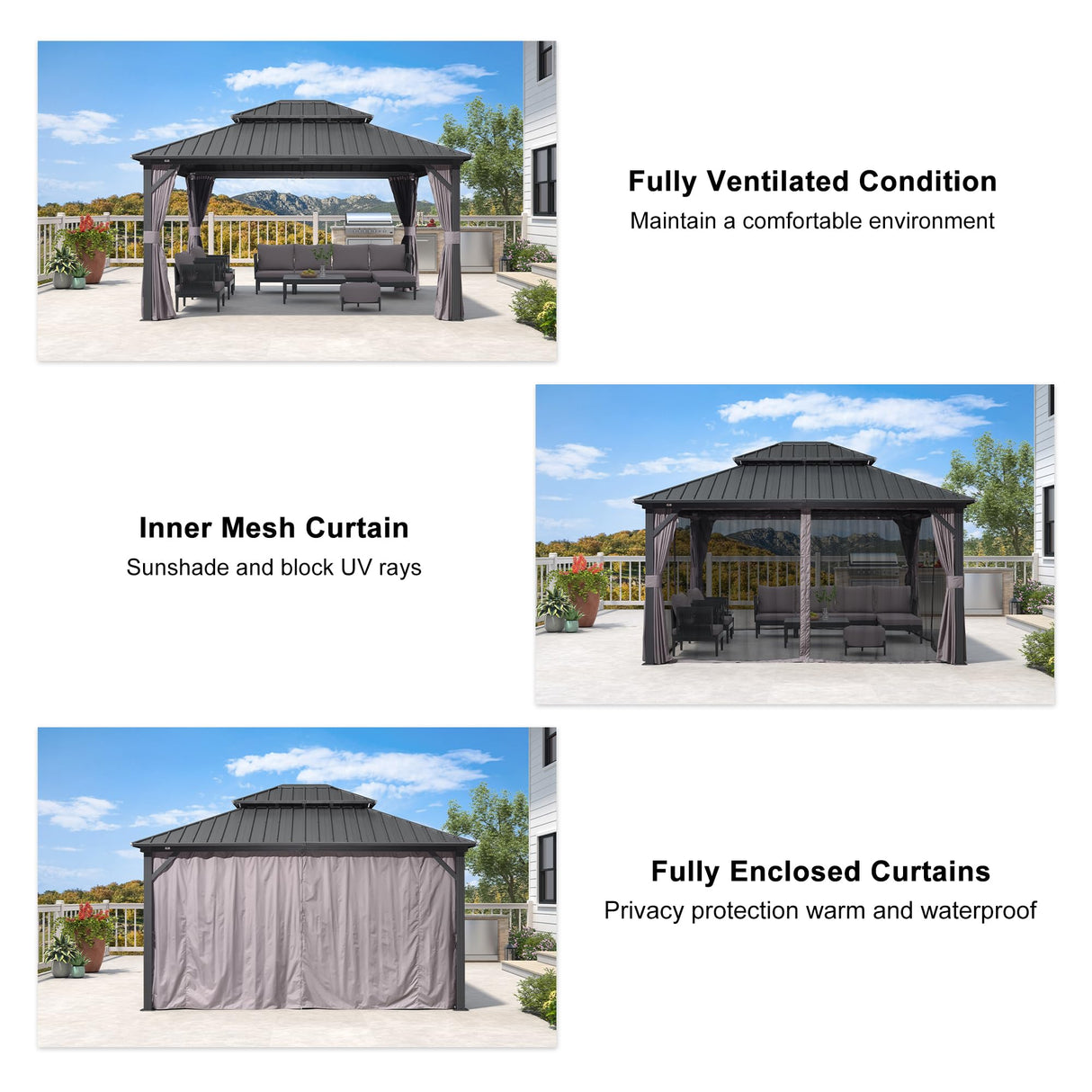 PURPLE LEAF 12' X 14' Hardtop Gazebo with String Lights Patio Hardtop Gazebo with Heavy Duty Galvanized Steel Double Roof for Patio Lawn Garden, Netting and Curtains Included, Grey PURPLE LEAF