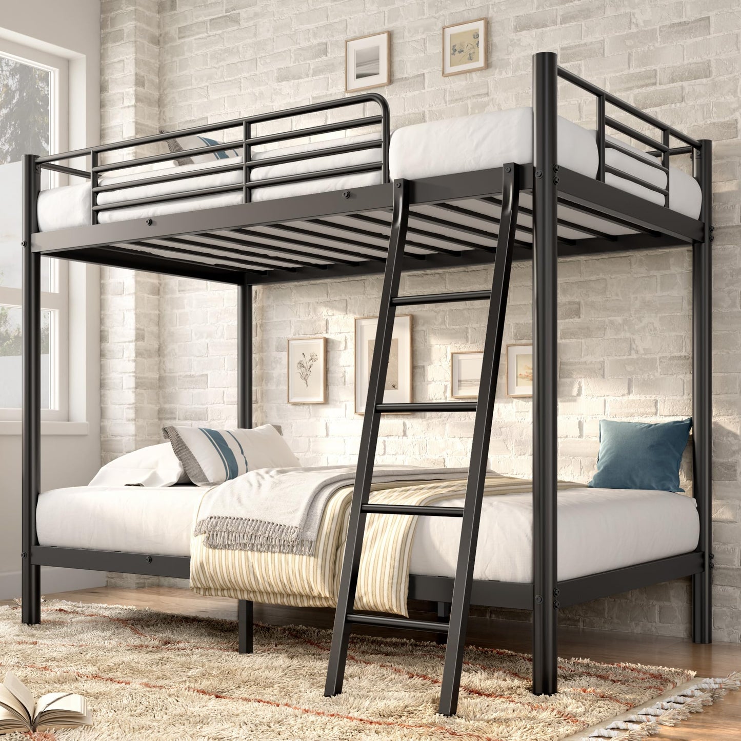 SogesSleep Bunk Bed Twin Over Twin, Heavy Duty Metal Bunk Bed Frame with Angled Ladder for Teens and Adults, for Spaces-Saving, Smooth Rounded Edges, Noise Free & Easy Assembly, Black