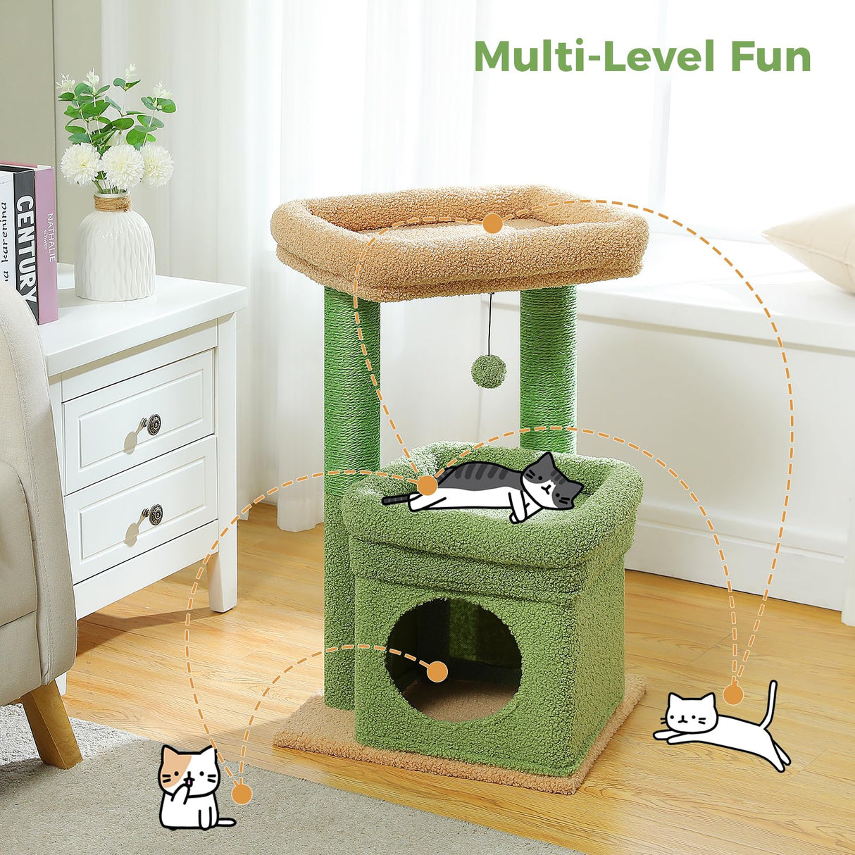 PEQULTI Cat Tree Cactus Cat Tower for Indoor Cats with Private Cozy Cat Condo, Natural Sisal Scratching Posts and Plush Pom-pom for Small Cats Green PEQULTI