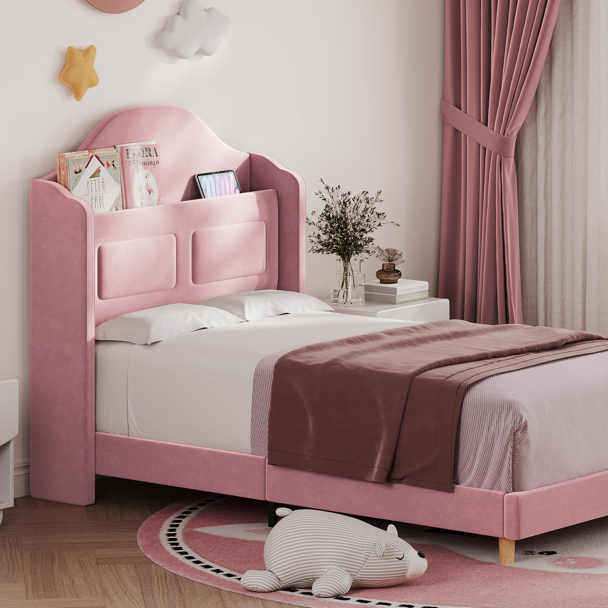 IDEALHOUSE Pink Upholstered Twin Bed Frame with Lights, Stylish Velvet Platform Bed, Wingback Storage Headboard, Wooden Slats Support, No Box Spring Needed IDEALHOUSE