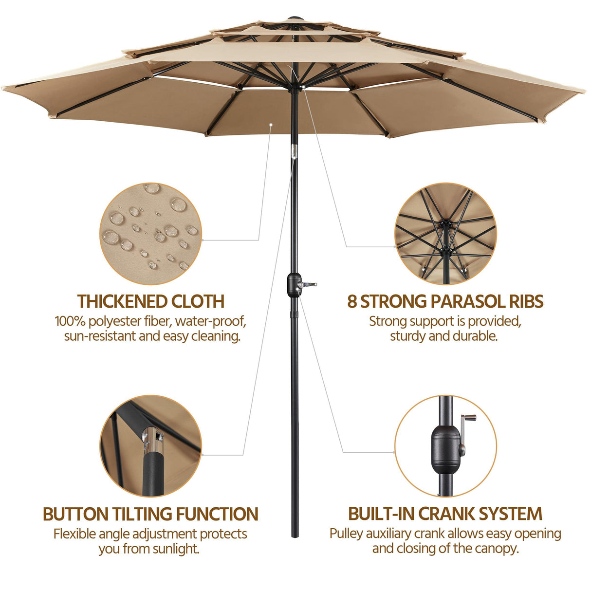 Yaheetech 3-Tier Patio Umbrella 10ft Vented Outdoor Canopy Sun Shade Large Market Table Umbrella Double-layer Cloth & Push-button Tilting for Yard/Garden/Park Tan Yaheetech