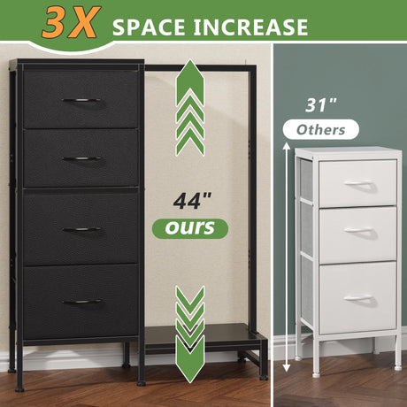 HIGDBFE Dresser with Hanging Rack, 4 Drawers Small Closet for Bedroom, Reversible Fabric Kids Chest of Drawers with Clothes Rack, Tall Storage Tower, Sturdy Frame, Black, 44''H HIGDBFE