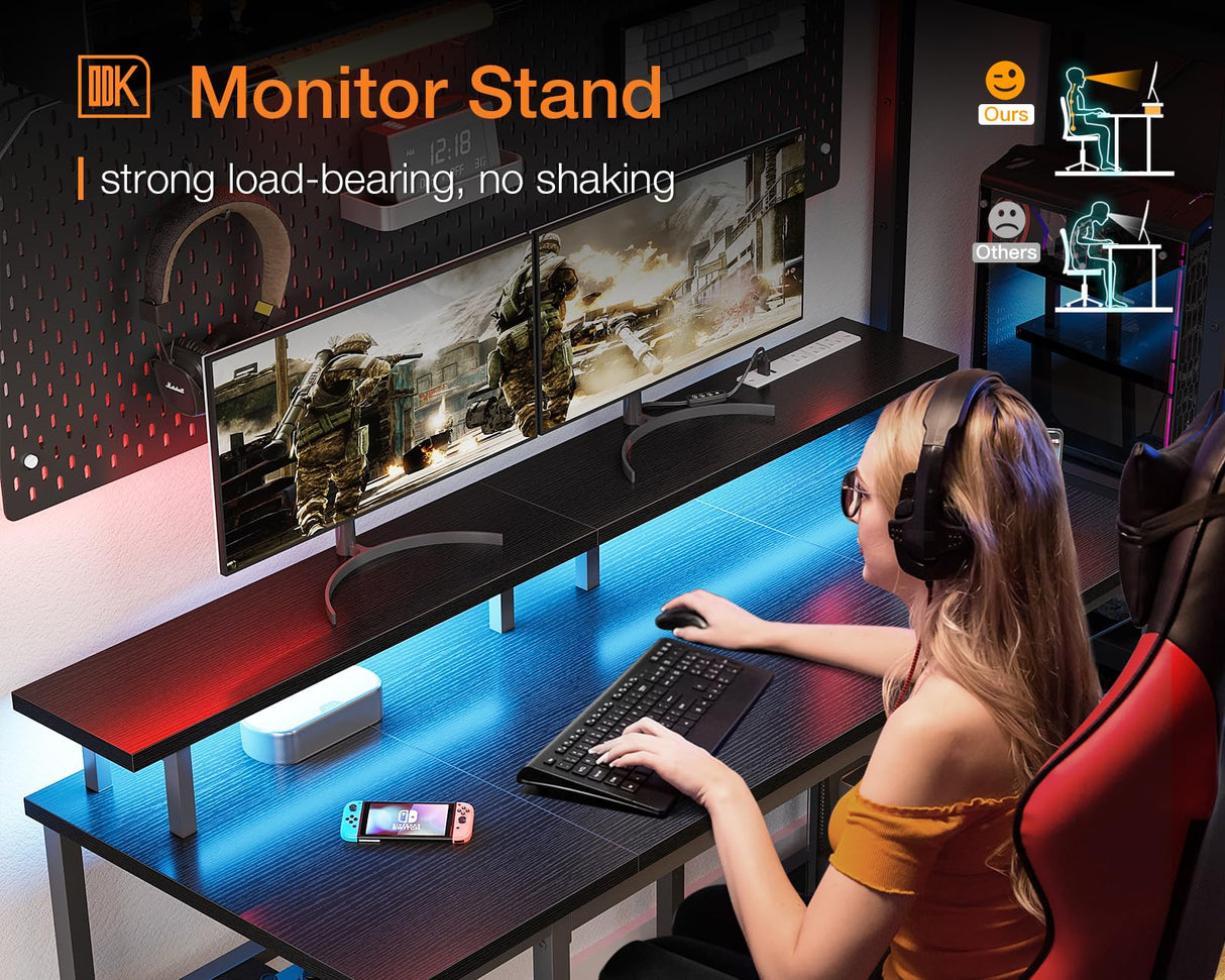 ODK 48 inch Gaming Desk with LED Lights & Power Outlets, Computer Desk with Monitor Stand & Storage Sheves, CPU Stand, Home Office Desk, Black ODK