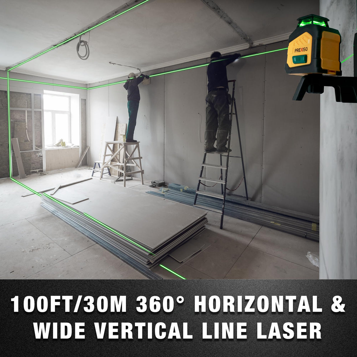 PREXISO 360° Laser Level with Tripod, 100Ft Dual Power Self Leveling Cross Line Laser- Wide Angle Vertical Line for Construction, Floor Tile, Renovation with Magnetic Base, Wall Panel Stand, Carry Bag Prexiso