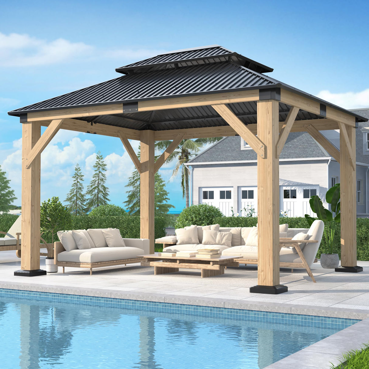 GARTOO 10' x 12' Outdoor Wooden Gazebo - Patio Hardtop Gazebo Permanent Wooden Pavilion with Galvanized Steel Double Roof, Cedar Wood Gazebos for Garden, Lawn, Poolside, Backyard Deck GARTOO