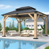GARTOO 10' x 12' Outdoor Wooden Gazebo - Patio Hardtop Gazebo Permanent Wooden Pavilion with Galvanized Steel Double Roof, Cedar Wood Gazebos for Garden, Lawn, Poolside, Backyard Deck GARTOO